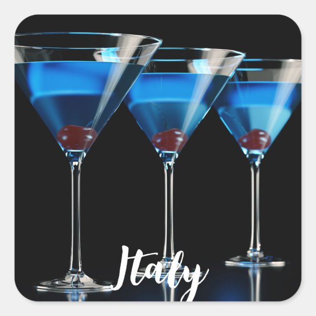 Drei blaue Cocktails mit Kirsche auf schwarz Quadratischer Aufkleber (Vorderseite)
