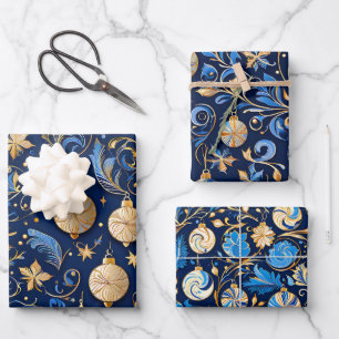 Drei blaue und goldene Zierdesigns Weihnachten Geschenkpapier Set