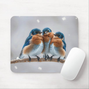 Drei Bluebirds auf einer verschneiten Zweigstelle Mousepad
