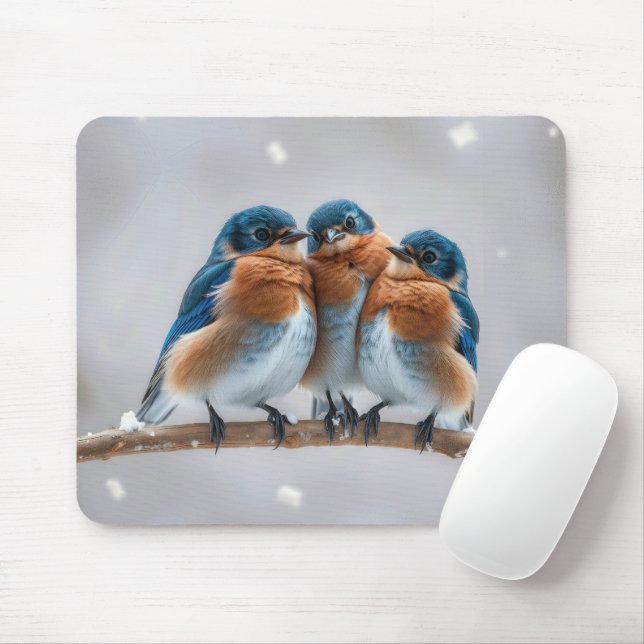 Drei Bluebirds auf einer verschneiten Zweigstelle Mousepad (Mit Mouse)
