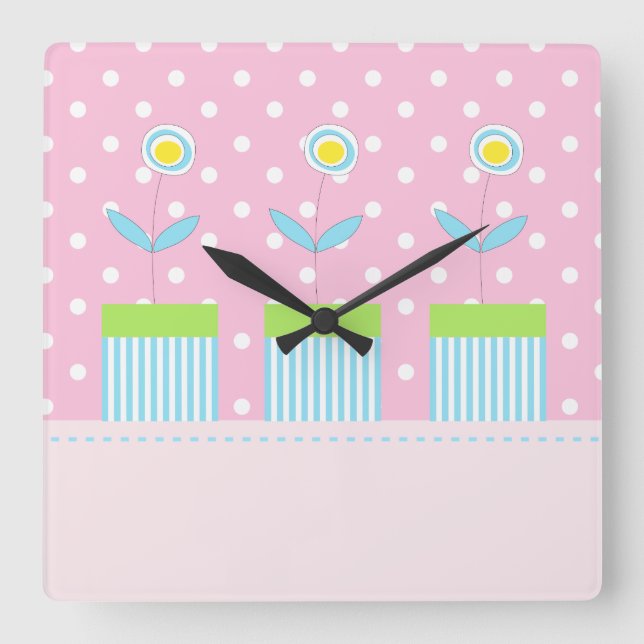 Drei Blume auf rosa mit viereckiger Uhr mit weißen (Vorderseite)