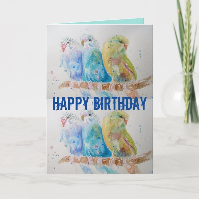 Drei Budgethilfen, die die blaue Budgie-Wasserfarb Karte (Vorderseite)