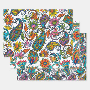 Drei bunte Vintage Paisley-Muster Geschenkpapier Set