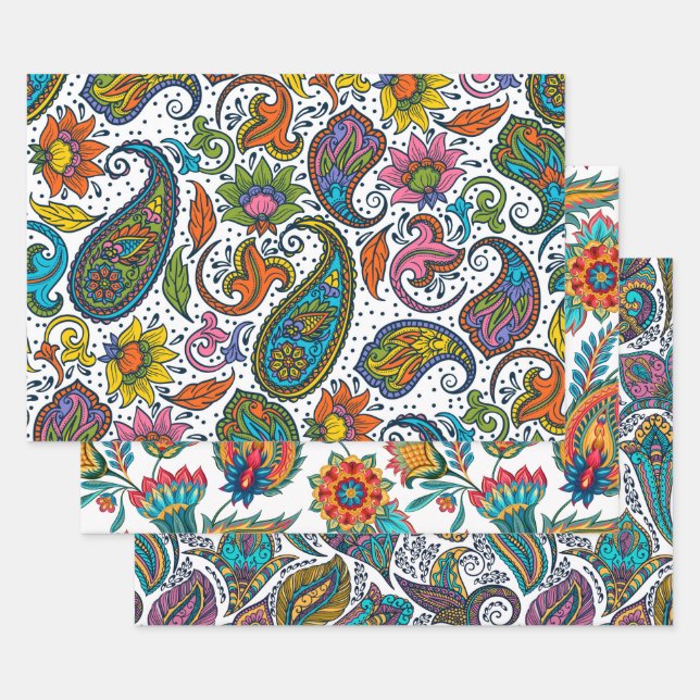 Drei bunte Vintage Paisley-Muster Geschenkpapier Set (Set)