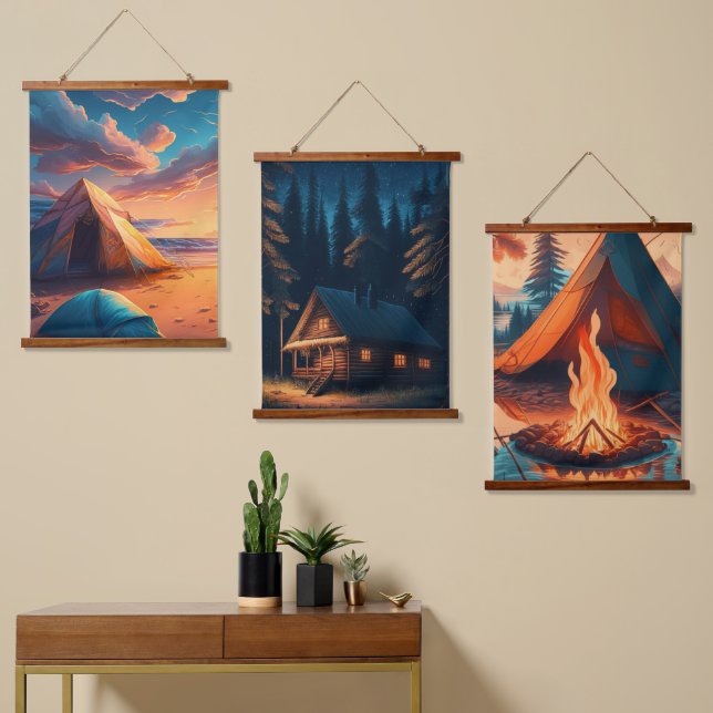 Drei Campings Wandteppich Mit Holzrahmen (Asymmetrisch)