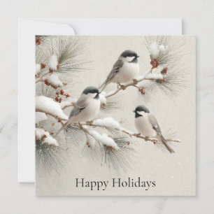 Drei Chickadees auf einem schneebestäubten Kiefern Feiertagskarte