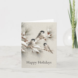 Drei Chickadees auf einem schneebestäubten Kiefern Feiertagskarte
