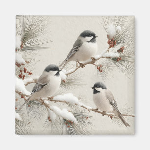 Drei Chickadees auf einem schneebestäubten Kiefern Magnet
