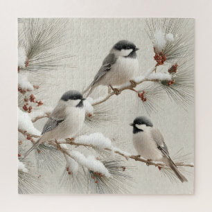Drei Chickadees auf einem schneebestäubten Kiefern Puzzle