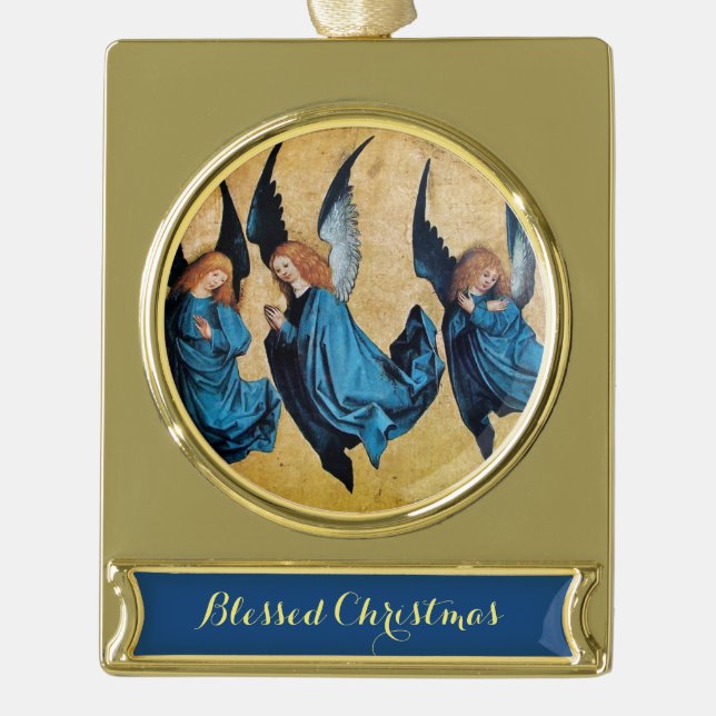 DREI CHRISTMAS ANGELN IN BLAU Banner-Ornament GOLD (Vorderseite)