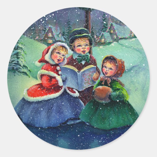 DREI CHRISTMAS CAROLERS VON SHARON SHARPE RUNDER AUFKLEBER (Vorderseite)