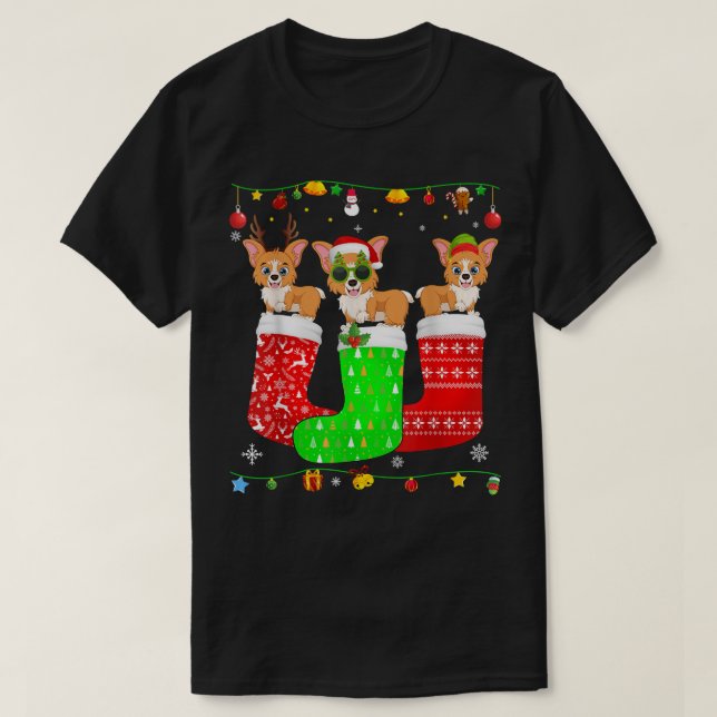 Drei Corgi Hunde in Weihnachtssocken, die Weihnach T-Shirt (Design vorne)