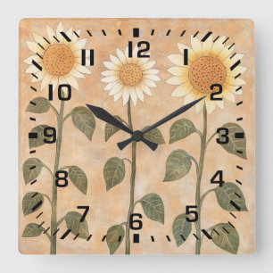 Drei Cottagecore Terrakotta-Sonnenblumen Quadratische Wanduhr