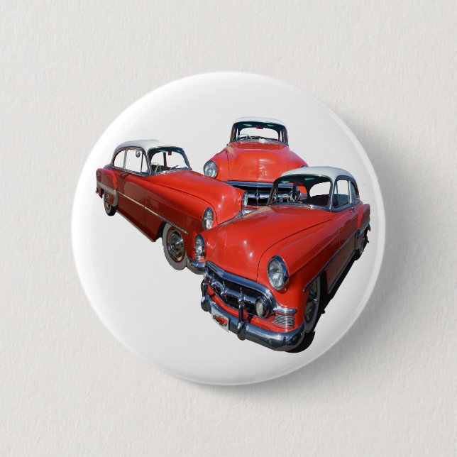 Drei elegante rote und weiße Oldtimer,   Button (Vorderseite)