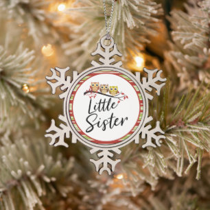 Drei Eulen Kleine Schwester Geschwister Geschenk Schneeflocken Zinn-Ornament