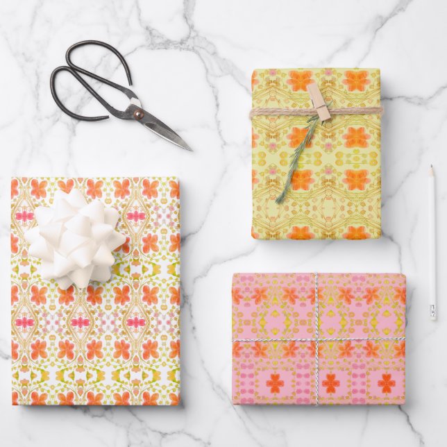 Drei Extravagante Gemusterte Papierblätter Geschenkpapier Set (Vorderseite)
