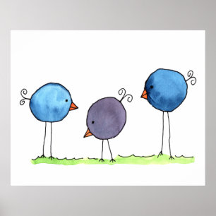 Drei fantasievolle Wasserfarben-Vögel Poster