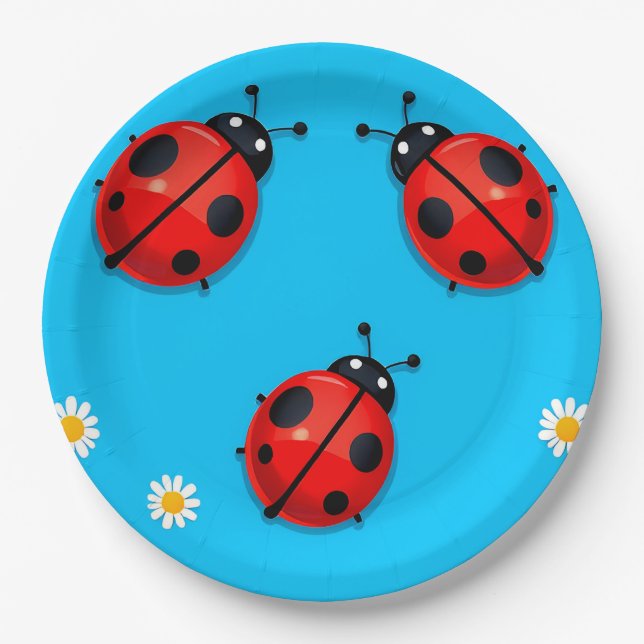 Drei farbenfrohe Ladybugs auf blauem Hintergrund Pappteller (Vorderseite)