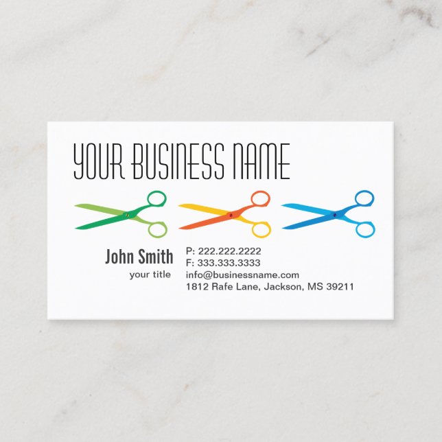 Drei farbenfrohe Schere Friseur Business Card Visitenkarte (Vorderseite)