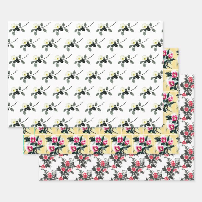 Drei farbige Kamelien-Saummalerei Geschenkpapier Set (Set)