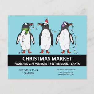 Drei Festliche Pinguine auf Blau - Weihnachtsmarkt Flyer