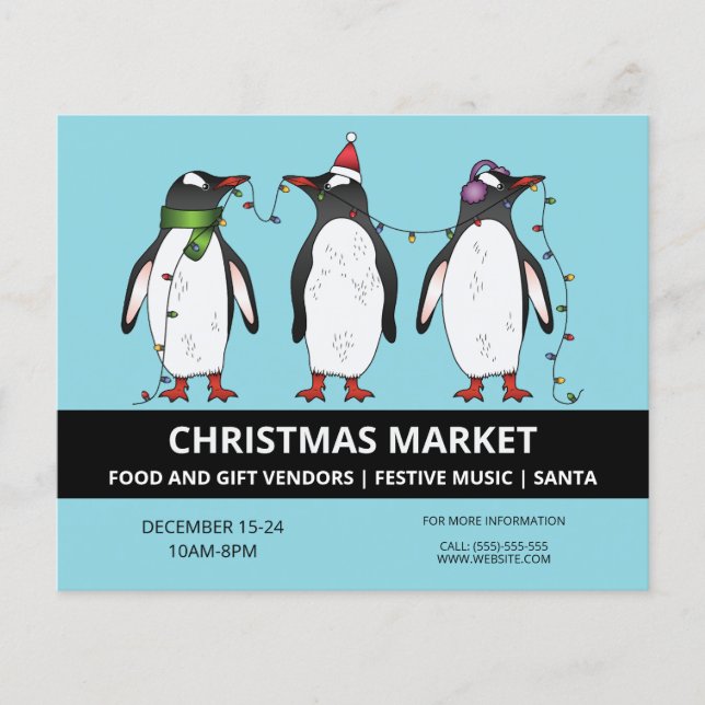 Drei festliche Pinguine auf Blue - Weihnachtsmarkt Flyer (Vorne)