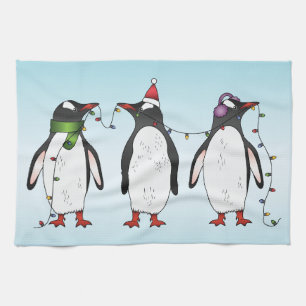 Drei festliche Weihnachtspinguine Illustration Geschirrtuch