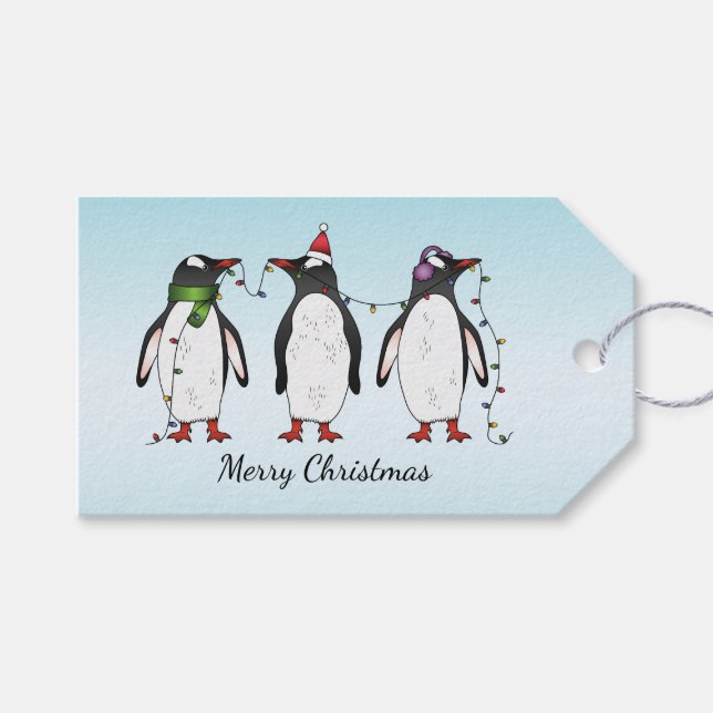 Drei festliche Weihnachtspinguine mit individuelle Geschenkanhänger (Vorderseite (Horizontal))