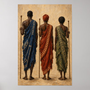 Drei Figuren in Blau, Rost und Oliv Poster