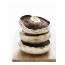 drei Flachpilze in Haufen auf Holzbrett,