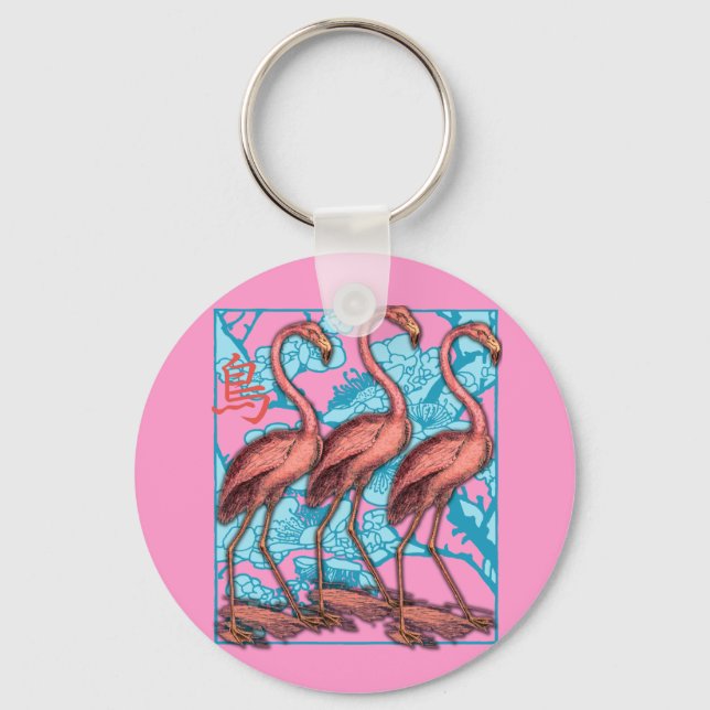 Drei Flamingos mit Blume Schlüsselanhänger (Vorderseite)