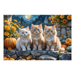 Drei flauschige Herbstkätzchen mit Pumpkins und Mu Fotodruck