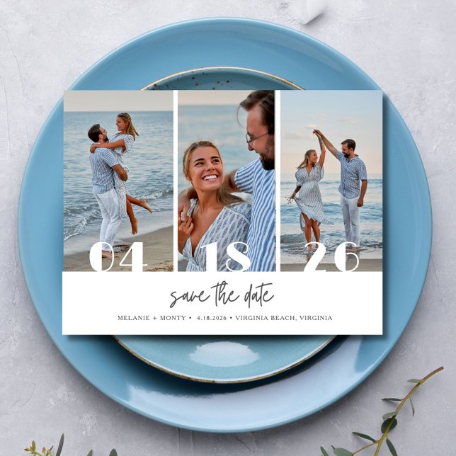 Drei-Foto-Beach-Hochzeit Save the Date Ankündigungspostkarte (Three Photo Beach Wedding Save the Date Announcement Postcard)