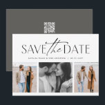 Drei Foto einfach stilvoll Schwarz-weiß Save The Date<br><div class="desc">Diese einfache, aber stilvolle Foto Save the Date Karte ist der perfekte Weg, um Ihre Verlobung und bevorstehende Hochzeit zu Freunden und Familie anzukündigen. Die Vorderseite dieses Save the Date bietet eine moderne Typenbehandlung in Schwarz über einer Collage von drei Fotos. Die Rückseite ist eine schicke, kohlegraue Farbe mit Platz...</div>