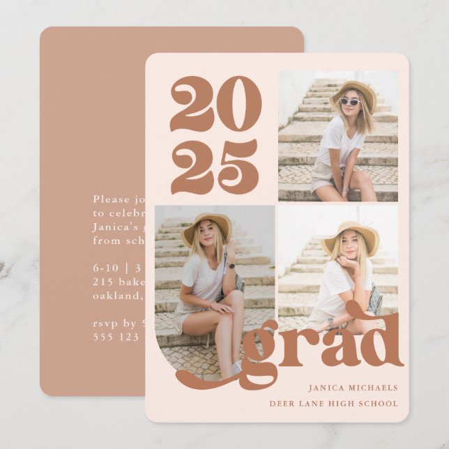 Drei Foto Retro Type Terracotta Graduation Party Einladung (Vorne/Hinten)
