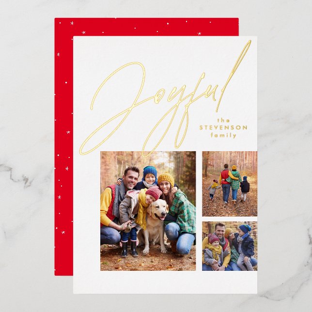Drei Foto Rotgoldfamilie Weihnachten Folien Feiertagskarte (Vorderseite/Rückseite)