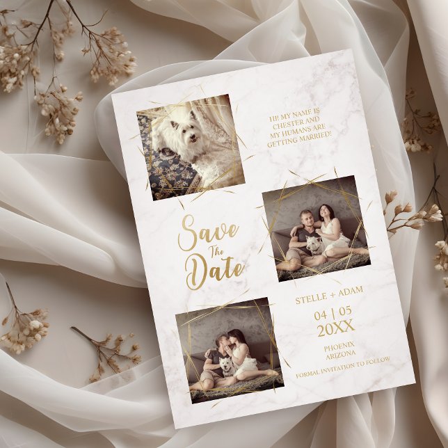 Drei Foto Verlobung Ankündigung Imitat Marmor (Modern Calligraphy Three Photos Engagement Announcement on Faux Marble Save the Date Card.)