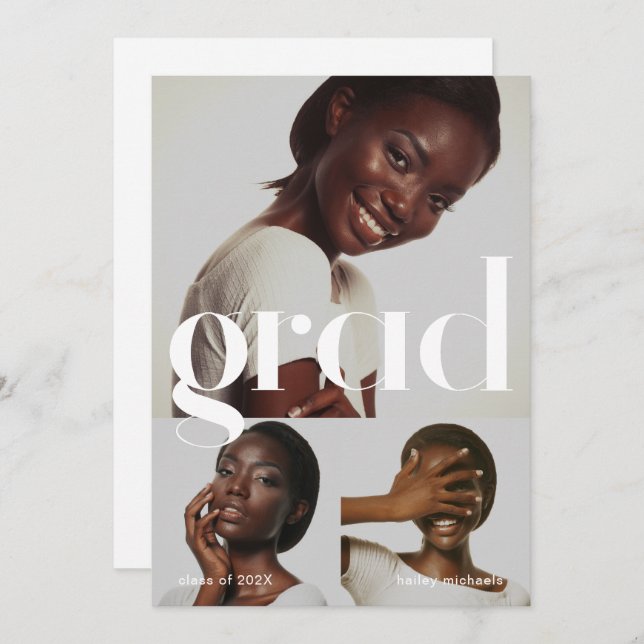 Drei Fotocollage Schwarz-weiß Graduierungsparty Einladung (Vorne/Hinten)