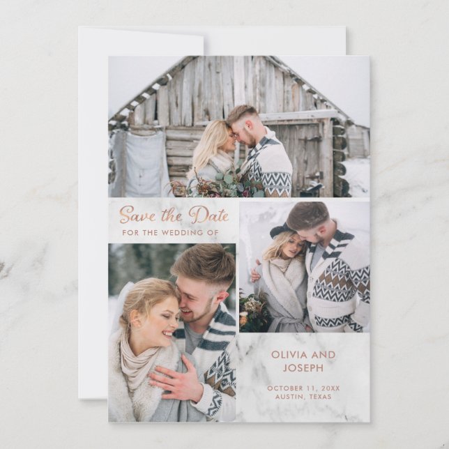 Drei Fotos auf Marmor mit Rose Gold | Hochzeit Save The Date (Vorderseite)