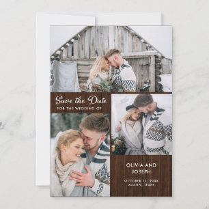 Drei Fotos auf rustikalem Holz Hochzeit Save The Date