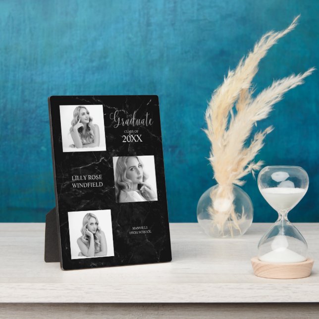 Drei Fotos Graduate Announement Black Marble Fotoplatte (Seite)