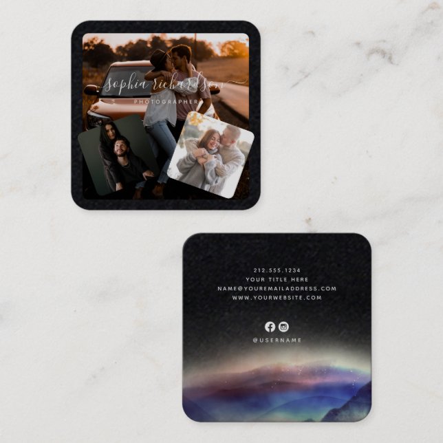 Drei Fotos Premium Schwarz-Weiß-Signatur Quadratische Visitenkarte (Vorne/Hinten)