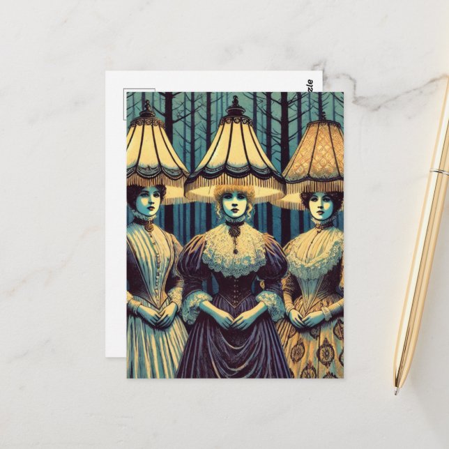 Drei Frauen der Wald mit Lampshade hasst Retro Postkarte (Vorderseite/Rückseite Beispiel)