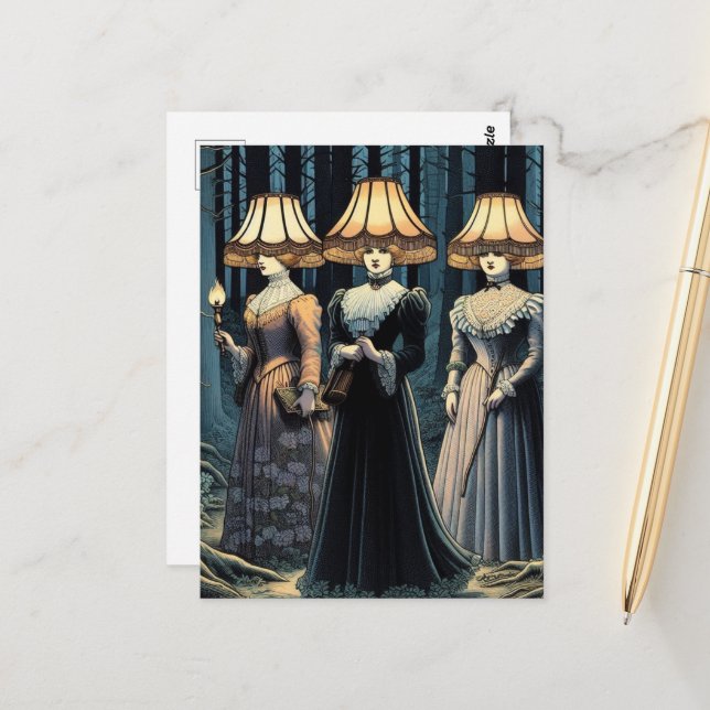 Drei Frauen im Wald mit Lampshade Hats Postkarte (Vorderseite/Rückseite Beispiel)
