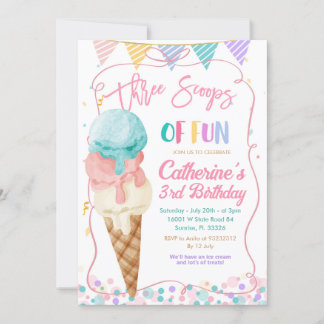 Drei Fun-Scoops zum 3. Geburtstag Eiscreme-Party Einladung