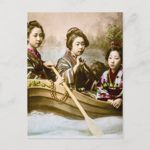 Drei Geishas in einem Ruderboot Vintage-Glasdia Postkarte