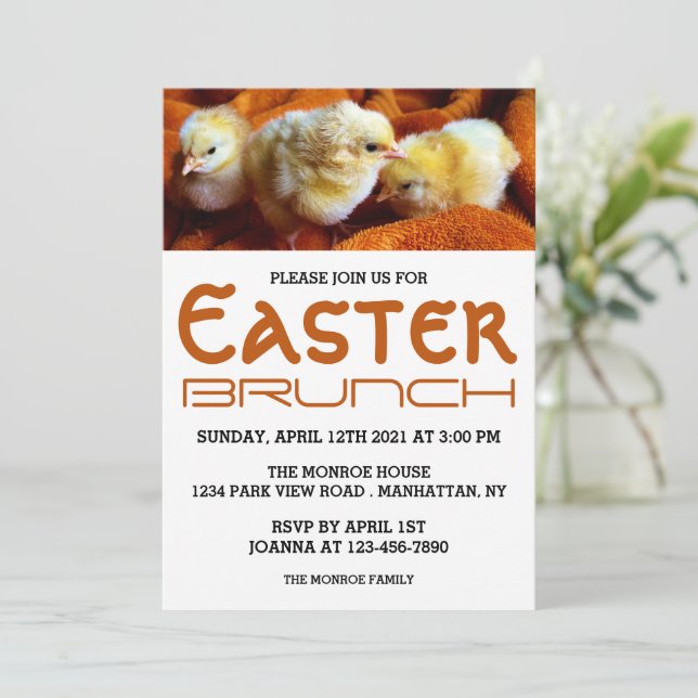 Drei gelbe Chips, Orange & White Oaster Brunch Ankündigung (Stehend Vorderseite)