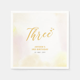 Drei    Gelbe Herzen & Aquarell 3. Geburtstag Serviette