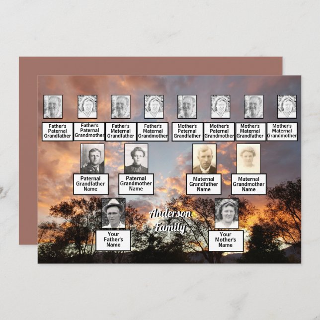 Drei-Generation-Foto-Baumreihe mit Orange Sunse Einladung (Vorne/Hinten)