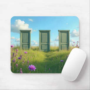 Drei geschlossene Türen in einem Feld Wildblume Mousepad